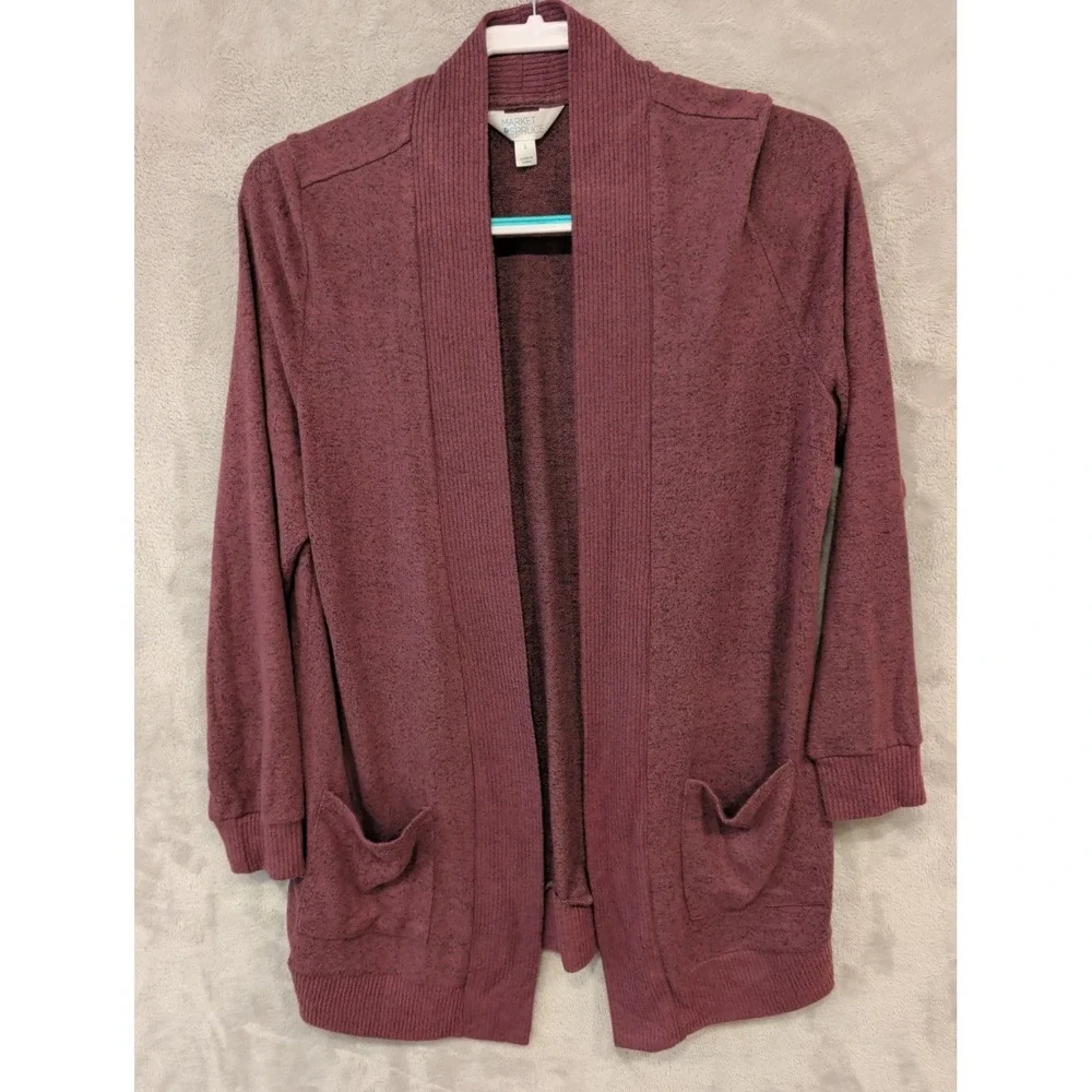 Market & Spruce Cardigan Womens L Mauve Open Front Knit Pockets Cozy